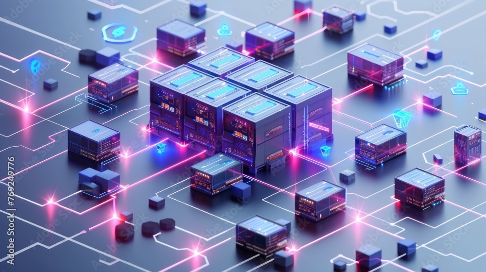 Digital illustration of a futuristic data center with interconnected network cubes and glowing neon lines, representing advanced computing and storage.
