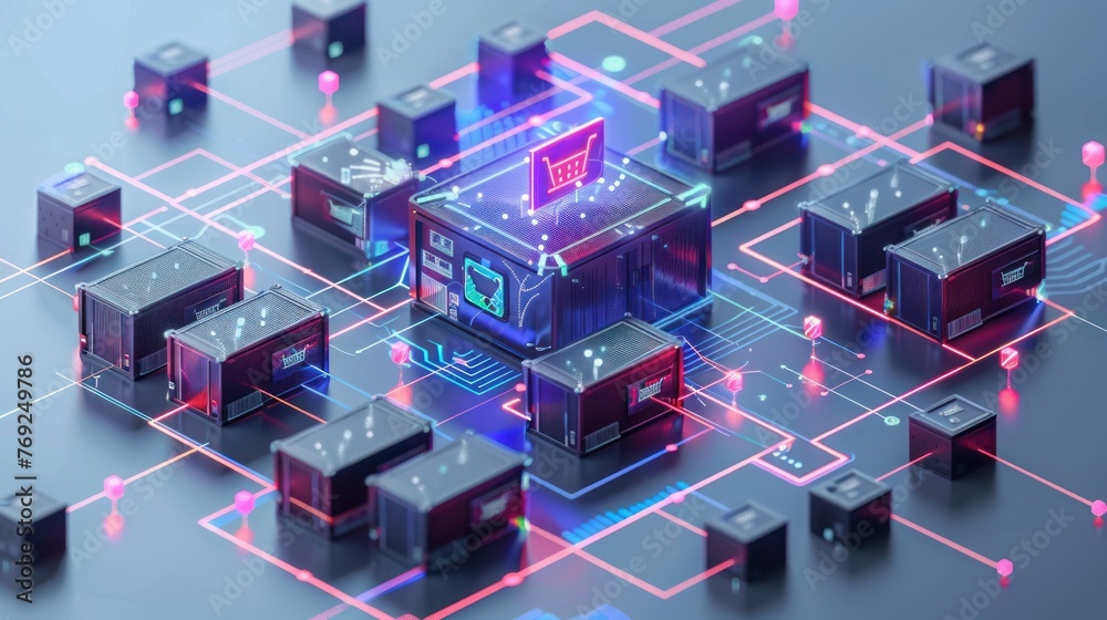 Digital illustration of a futuristic data center with interconnected network cubes and glowing neon lines, representing advanced computing and storage.