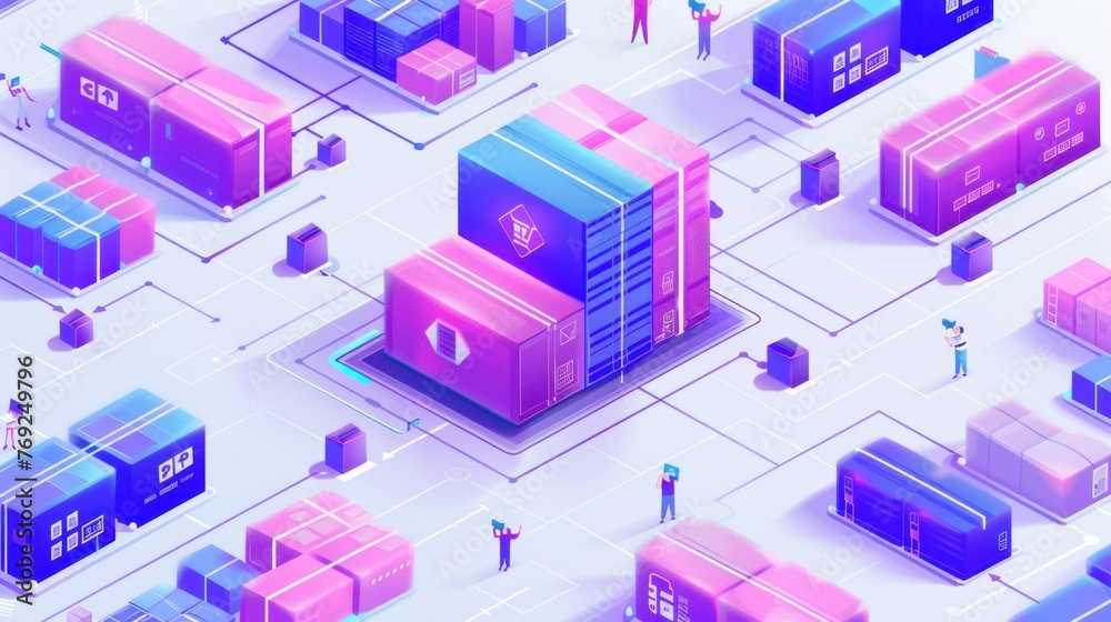 A stylized digital rendering of a logistics network with autonomous delivery trucks and smart distribution hubs in pastel tones.