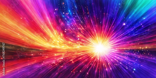 A colorful and vibrant display of light and color  resembling a burst of energy or a shooting star. The display is composed of various bright and vivid colors  creating a visually striking scene.