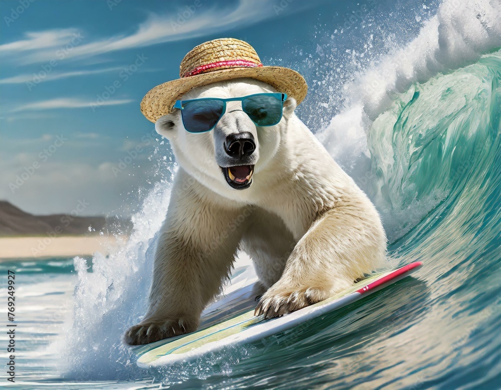 Polar bear wearing sunglasses and a hat on a surfboard 