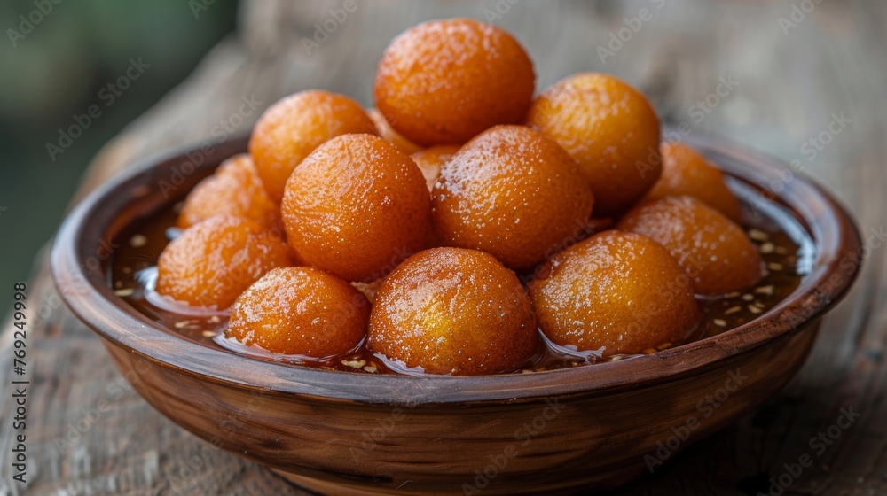 Gulab Jamun is a popular dessert made from milk solids, fried golden brown and soaked in sugar syrup infused with rose water, offering a delightful balance of sweetness and floral aroma.
