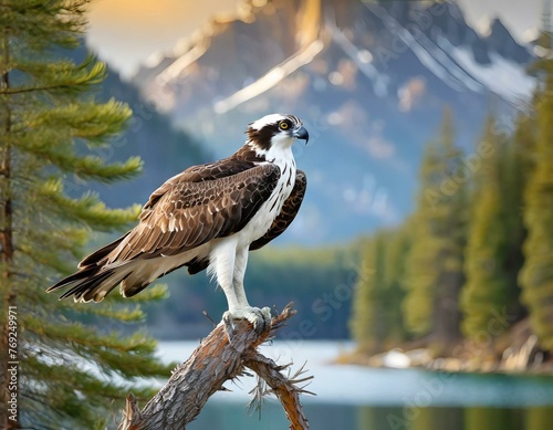 Osprey perched on a branch in a forest photo