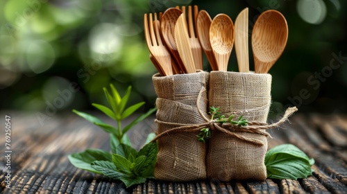 Sustainable bamboo cutlery on a wood backdrop