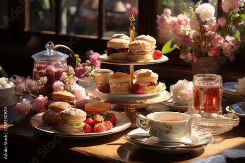 A table set for a high tea with scones and sandwiches