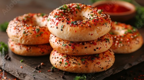 Bagels are ring-shaped bread rolls, typically boiled before baking, resulting in a dense, chewy texture. They come in various flavors and are often topped with seeds or seasoning.
 photo