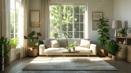 3D rendering of A large bright light beige living room minimalism polished concretebirch, double seat sofa small tea table with potted plants white curtains lamps some green plants beautiful scene. Fo © horizor