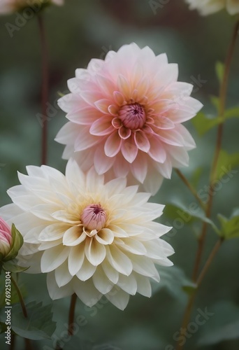 pink dahlia flower in garden   Two pink and white dahlia flowers with layered petals on green and brown blurred background