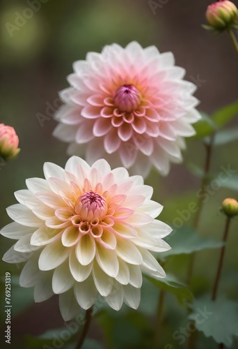 pink dahlia flower in garden , Two pink and white dahlia flowers with layered petals on green and brown blurred background