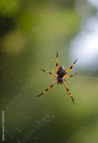 A yellow orange spider waiting for its next prey on its web © nizar