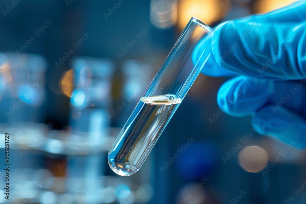 Gloved hand holding a test tube in the lab Gloved hand holding a test tube in the lab