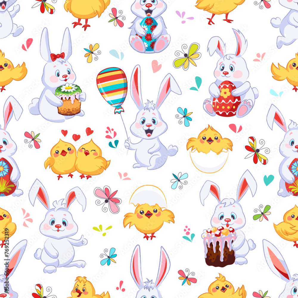 Happy Easter seamless pattern with Easter bunny, eggs and chickens Happy Easter seamless pattern with Easter bunny, eggs and chickens
