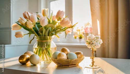 home interior with easter decor spring flowers in a vase and easter eggs on a light background