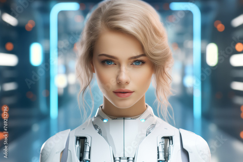 Artificial intelligence. Female face in cyberspace. Machine learning. Mind of cyborg or robot in vr reality. Future concept
