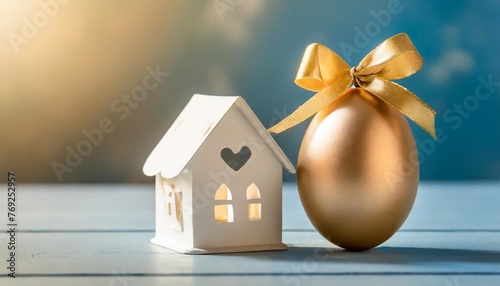 happy easter concept one golden egg with a ribbon bow and white ceramic house on blue copy space
