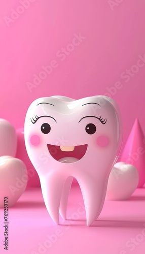 Sweet 3d tooth character on pastel background with copy space, dental health concept.