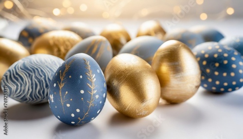 easter eggs with different textures in classic blue on a seamless white background selective focus on foreground