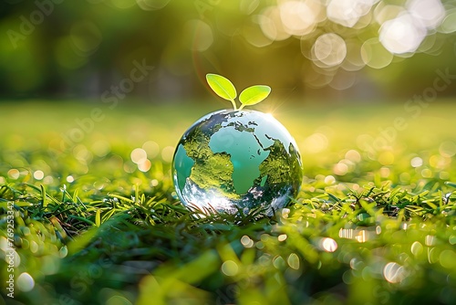 Concept Save the world save environment The world is in the grass of the green bokeh background for earth day