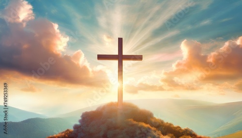 the holy cross symbolizing the death and resurrection of jesus christ with the sky above golgotha shrouded in light and clouds easter