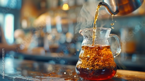 Coffee brewing into glass pot with bright cafe background