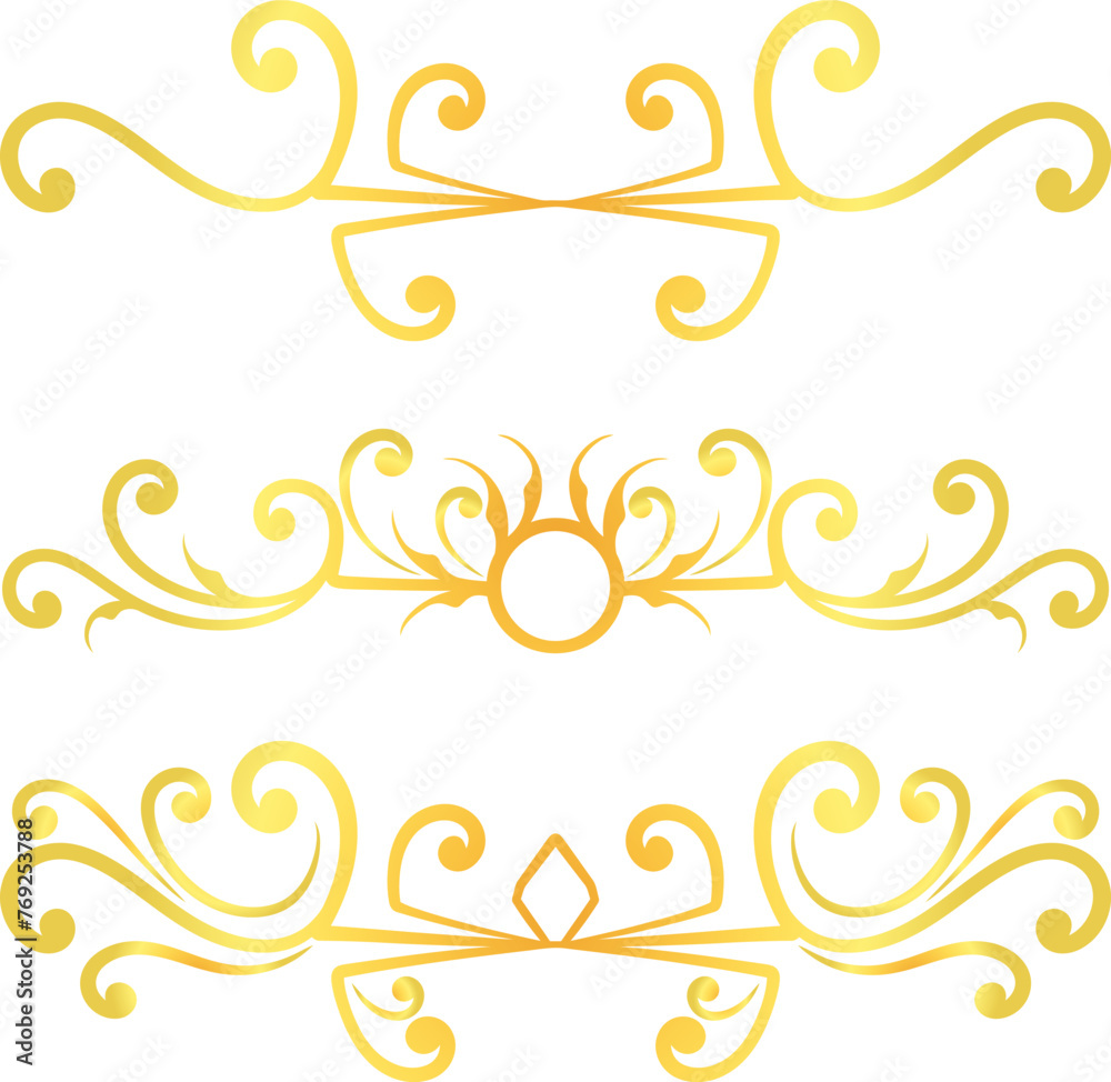 Golden swirl lines calligraphy ornament set isolated on white background for luxury graphic design