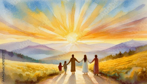 people holding hands with jesus christ digital watercolor painting