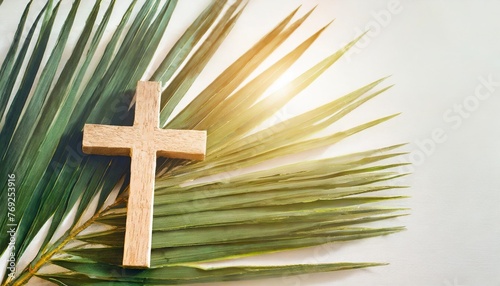 palm sunday and easter day for welcome jesus before easter day wooden cross and palm on white background easter sign symbol concept world environment day green coconut leaves