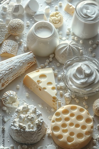 Dairy Products Macro photography of dairy products such as cheese, yogurt, milk, butter, and cream, highlighting their creamy textures, curds, and surface variations , 3D render photo