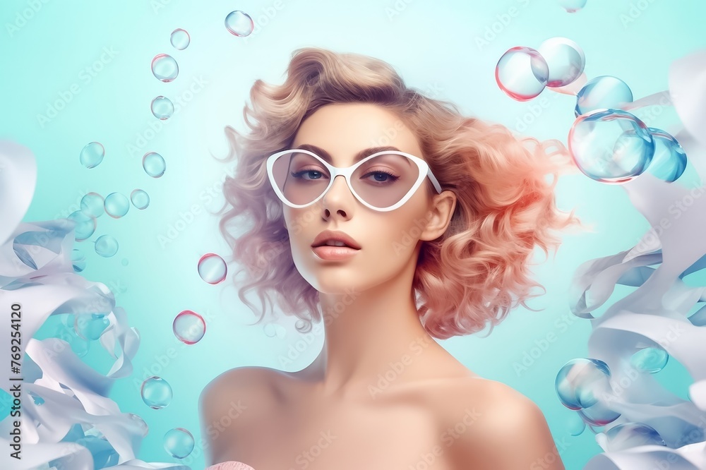 Female model with pastel dyed hair on color background. Close up portrait of gorgeous young woman's face. Generative AI. Female model with pastel dyed hair on color background. Close up portrait of gorgeous young woman's face. Generative AI.