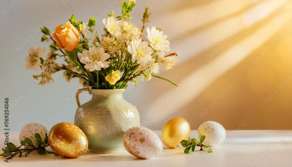 spring flowers in a vase and easter eggs on a light background easter background with copy space