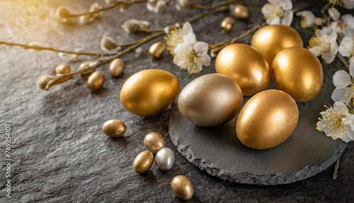 easter decoration with golden eggs on dark shale background