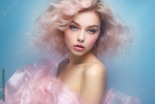 Female model with pastel dyed hair on color background. Close up portrait of gorgeous young woman s face. Generative AI.