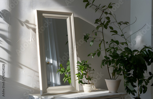 Minimalist Abstract Next to Planter and Dresser with Classical and Natural Elements in White and Wood
