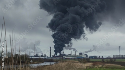 A factory pumping black smoke into the sky the toxic fumes blending in with the dark clouds already present.