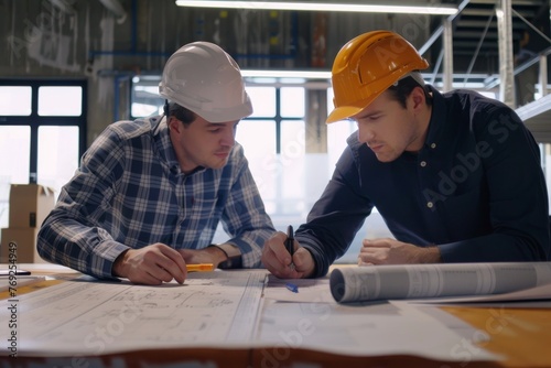 Engineer and architect collaborating on project plans in a well-lit workspace