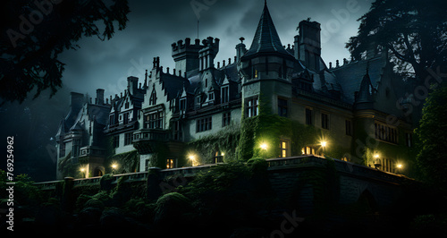 a house with a gothic turret lit by street lights