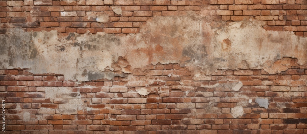 A detailed shot of a brown brick wall with peeling paint, showcasing the intricate pattern of the composite material in rectangular shapes A detailed shot of a brown brick wall with peeling paint, showcasing the intricate pattern of the composite material in rectangular shapes