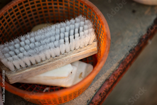 Bamboo brush for cleaning the floor in the house, stock photo