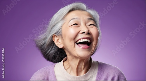 young asian elderly woman on plain bright purple background laughing hysterically looking at camera background banner template ad marketing concept from Generative AI