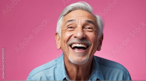 young italian elderly man on plain bright pink background laughing hysterically looking at camera background banner template ad marketing concept from Generative AI