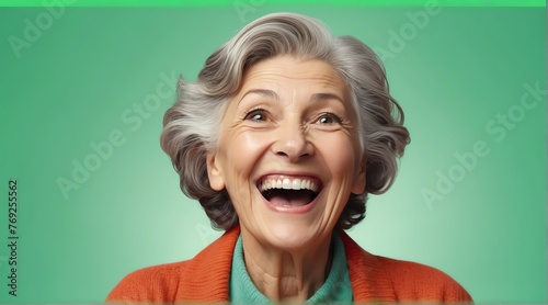 young italian elderly woman on plain bright green background laughing hysterically looking at camera background banner template ad marketing concept from Generative AI