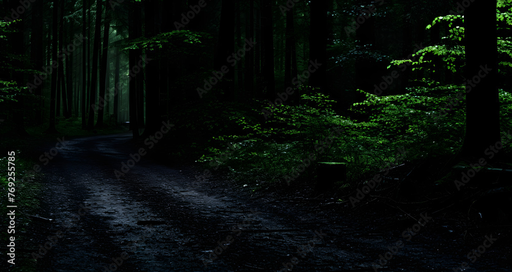 a dark green forest with a trail in the middle