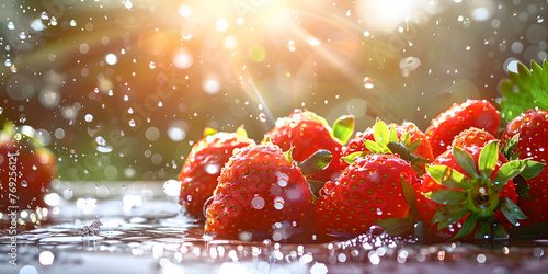 Flying ripe red strawberries and splash of water Amstar de products de frusta frescos e piques morongas . photo