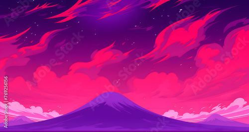 a digital background of a night sky and a volcano