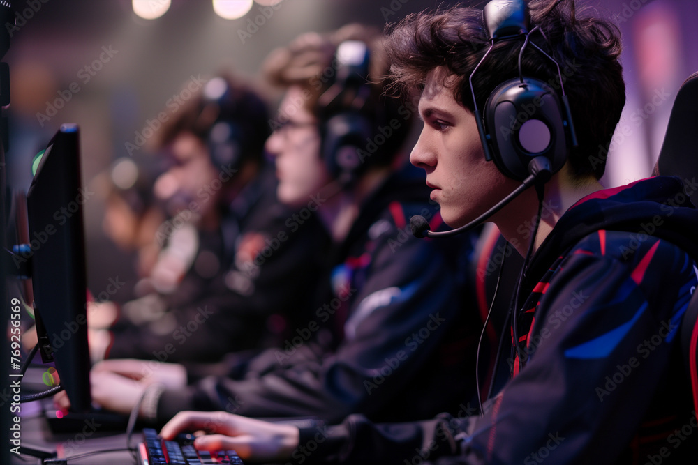 French pro gamers playing online e-games in online tournament. French pro gamers playing online e-games in online tournament.
