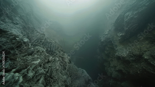 analogue still high angle shot of a foggy cave landscape