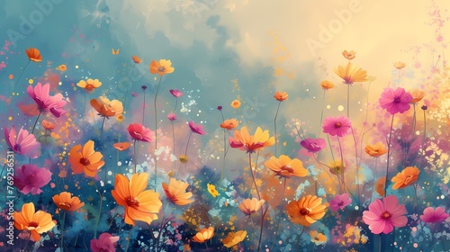 Digital watercolor wild flowers canvas abstract graphics poster web page PPT background with generative