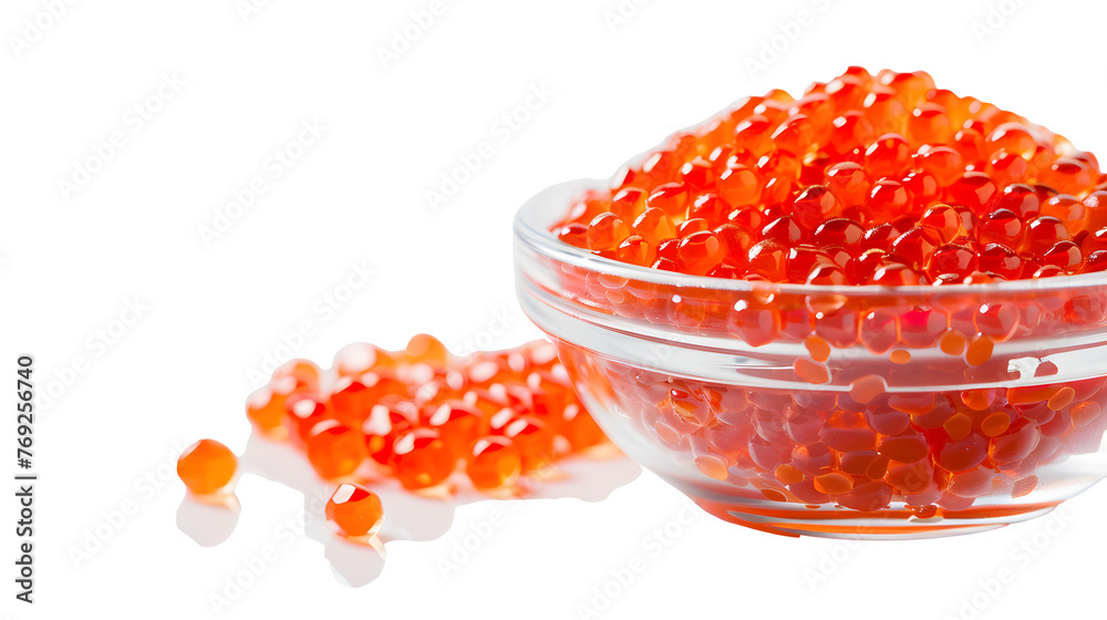 Red salmon caviar in white background. Copy space. Top view. Red salmon caviar in white background. Copy space. Top view.