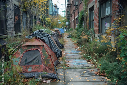 Overgrown and forgotten, tents line a once-busy urban path, telling a story of decay and abandoned hopes