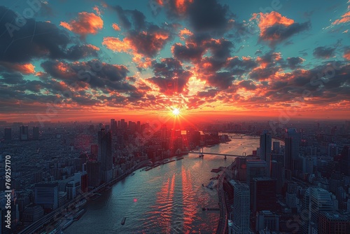 Majestic sunset casting golden hues over a city skyline with skyscrapers and a busy river reflecting the dynamic urban life